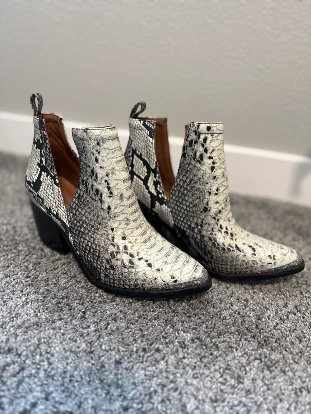 Jeffrey Campbell Snake-Print Ankle Booties in Cream and Black